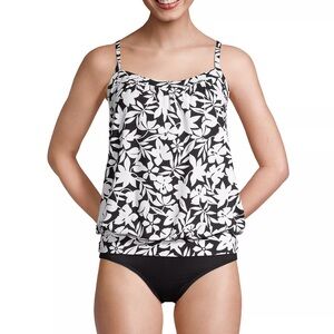 Lands' End Blouson Tankini Top Black Havana Floral